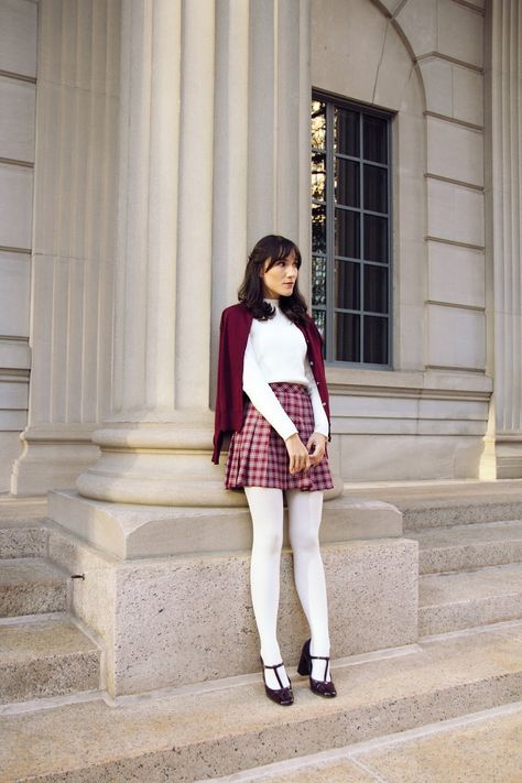 Maroon Plaid | Carolina Pinglo White Stockings Outfit Winter, Argyle Tights Outfit, White Nylons Outfit, Candy Cane Inspired Outfit, How To Style White Tights, Outfit With White Tights, White Stockings Outfit Tights, Outfit Medias Blancas, White Tights Outfit Winter