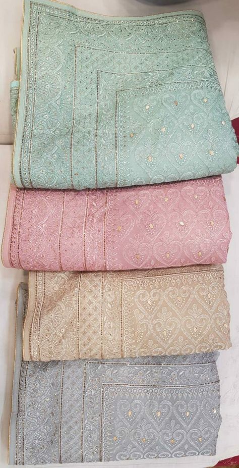 Chikankari Sarees with gotapati work  WhatsApp Maneeti - 9539820656  #chikankari #pastelsarees #threadworksarees Lakhnavi Saree Design, Lakhnavi Blouse Design, Chinkari Sarees, Lakhnavi Saree, Chickenkari Saree, Chikankari Saree Blouse, Chikenkari Dress, Lucknowi Saree, Chikan Saree