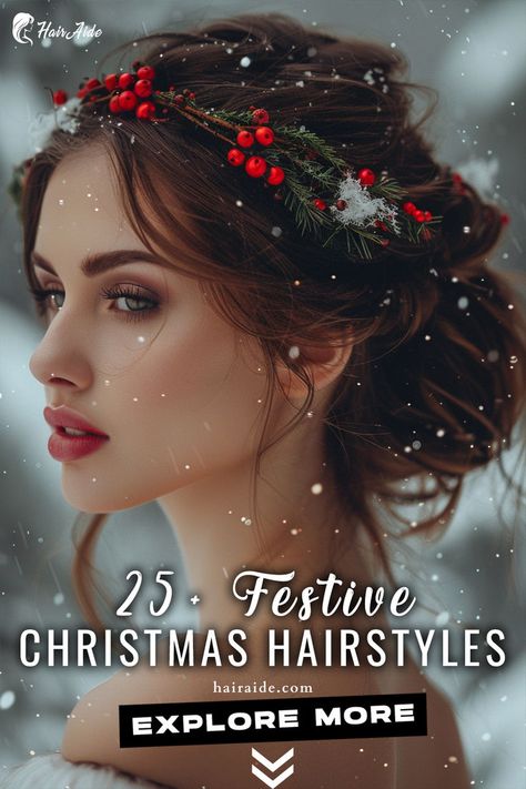 a woman with a wreath of berries on her head in the snow Christmas Lights In Hair, Xmas Party Hairstyles, Holiday Hair Styles, Christmas Party Hairstyles, Holiday Party Hair, Diy Updo, Winter Wedding Hair, Dutch Braid Hairstyles, Updos For Medium Length Hair