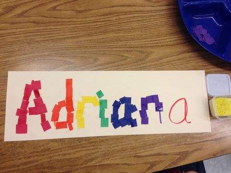 name art, collage art, rainbow names, kindergarten art Rainbow Name Craft Preschool, Art Ideas For Kindergarten, Name Art Ideas, Motor Skills Preschool, Kindergarten Names, Ideas For Kindergarten, Schedule Organizer, Preschool Names, Rainbow Names