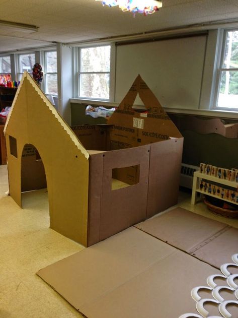 Our Life-Size Gingerbread House | Mrs. Goff's Pre-K Tales | Bloglovin’ Cardboard Gingerbread House Lifesize, Large Gingerbread House Cardboard, Gingerbread House Dramatic Play, Large Gingerbread House, Cardboard Houses For Kids, Cardboard Box Houses, Cardboard Gingerbread House, Christmas Parade Floats, Cardboard Play