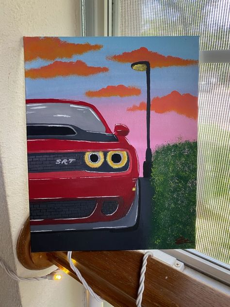 Aesthetic Car Painting Ideas, Race Car Painting Canvas, Hellcat Painting Canvas, Fast And Furious Canvas Painting, Mustang Painting Canvas Easy, Cars Painting Easy, Simple Car Painting Canvas, Cool Car Paintings, Dodge Challenger Painting