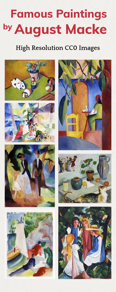 August Macke (1887–1914) was one of the leading members of the famous German Expressionist group Der Blaue Reiter along with Wassily Kandinsky. His works utilized a combination of simplified forms and abstract patchwork colors to create vibrant portraits, landscape, still life, and animal paintings. August Macke Paintings, Cat Still Life, Gabriele Munter, Abstract Patchwork, August Macke, Expressionist Painting, Wassily Kandinsky, Still Life Painting, Art File