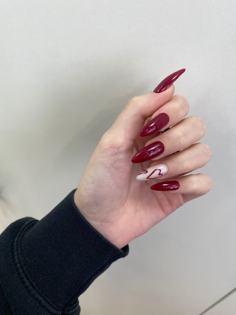 wine red nails with hearts Dark Red Nails With White Heart, Vine Red Nails, Red Nails With Hearts, Red Wine Nails, Wine Red Nails, Nails With Hearts, Dark Red Nails, Wine Nails, Heart Nails