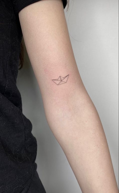 Paper Boat Tattoo Small, Origami Boat Tattoo, Boat Tattoo For Women, Small Boat Tattoo, Paper Boat Tattoo, Boats Tattoo, Ems Tattoos, Sailboat Tattoo, Boat Tattoo