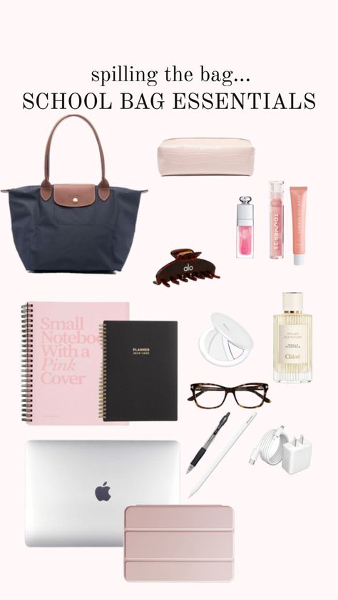 #backpack #whatsinmybag #spillingthebag #essentials #longchamp Schoolbag Essentials, School Bag Essentials, Essential Bag, Backpacks, Pink