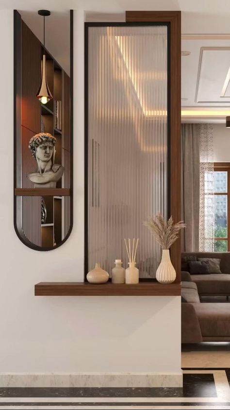 Small Partition Design Living Rooms, Modern Divider Design, Partition Ideas Living Spaces, Living Room And Kitchen Partition Design, Foyer Partition Ideas, Luxury Partition Design, Mirror Design Wall Entryway, High Wall Decorating Ideas, Hall Partion Ideas