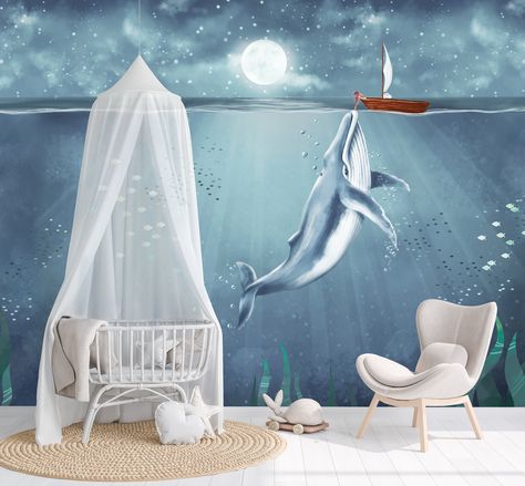 🌟 Non-standard sizes, color changes, or special requests - we accept custom orders, just contact me. We make changes absolutely free! 🌟 If you need a visualization of how the wallpaper will look on your wall, please send photos and dimensions! 🌟 All of the wall murals are divided into rolls that match one to another. Seams are not visible once installed, because we don't do overlaps (unless you request it). Width of rolls depends on the total size of the wallpaper - if you wish to have any particular width of rolls, message me! WALLPAPER MATERIAL 🌟 Peel & Stick Ideal for renters and for kids room - when kids grow out of a childish design, it can be easily changed to anything else. All you have to do is peel off the protective layer from the backside and stick the wallpaper to a smooth Modern Blue Nursery, Kids Room Blue, Ocean Room Decor, Ocean Nursery Decor, Big Whale, High Quality Wallpaper, Ocean Room, Boat Wallpaper, Coastal Room