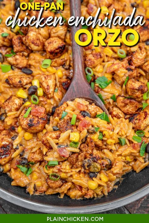 One-Pot Chicken Enchilada Orzo – super simple to make and ready to eat in under 30 minutes! Tender chicken, taco seasoning, black beans, corn, Rotel, chicken broth, enchilada sauce, sour cream, and cheese. Perfect for weeknight dinners or entertaining guests, this chicken enchilada orzo is sure to become a family favorite. Enchilada Orzo, Corn Rotel, Rotel Chicken, Chicken Taco Seasoning, Black Beans Corn, Slow Cooker Casserole, Baked Asparagus, Chicken Taco, Plain Chicken