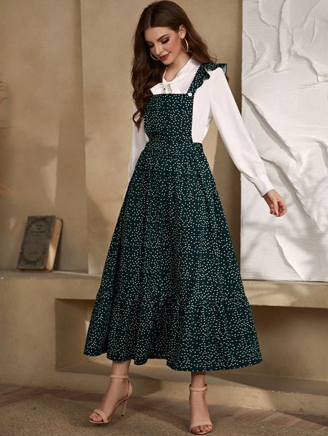 Dark Green Elegant  Sleeveless Polyester Polka Dot Pinafore Embellished Non-Stretch Spring/Fall Women Dresses Simple Frocks, Sports Clothes, Dress Book, Wallpaper Girly, Girls Sports, Modest Clothing, Pinafore Dress, Midi Skirts, Modest Fashion Outfits