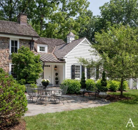 English Cottage Addition in Washington Crossing | Period Architecture Ltd Period Architecture, Farmhouse Architecture, Stone Farmhouse, Colonial Exterior, Flagstone Patio, Home Addition, Bucks County, Home Additions, Stone Houses