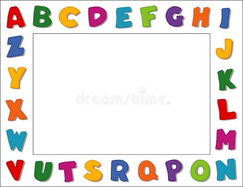 Alphabet Picture Frame, Landscape. Multi-color alphabet picture frame, isolated on white background. Copy space for nursery, daycare, kindergarten, school royalty free illustration Kertas Kerja Prasekolah, Alphabet Frames, Classroom Borders, School Border, School Scrapbook Layouts, Border Templates, Alphabet Pictures, School Testing, School Frame