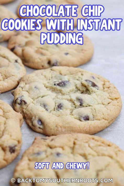 Chocolate chip cookies with pudding are an easy recipe to make with pantry items. The pudding powder makes the cookies soft and chewy and adds a subtle chocolate flavor. Chocolate Chip Cookies With Pudding, Chocolate Chip Cookie Recipe With Pudding, Instant Pudding Recipes, Cookies With Pudding, Cookies Soft And Chewy, Pudding Cookies Recipes, Chocolate Chip Pudding, Chocolate Chip Pudding Cookies, Chocolate Pudding Recipes