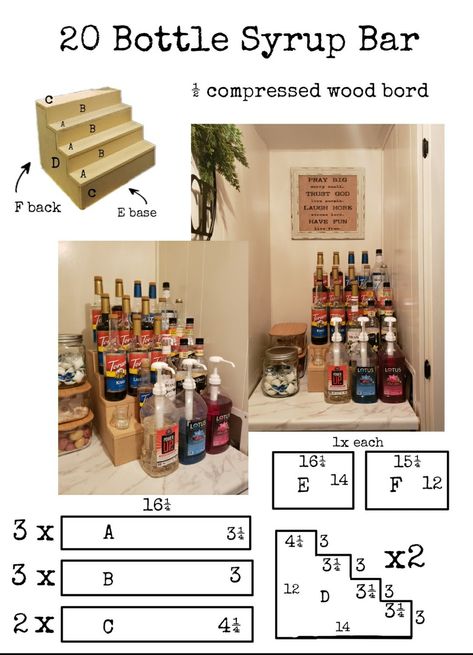 Coffee Bar Syrup Organization Ideas, Syrup Rack Coffee Shop, Soda Syrup Storage, Water Bar Ideas For Kitchen, Coffee Bar Ideas Syrup, How To Display Coffee Syrups, Drink Stations Home, Cafe Organization Coffee Shop, Torani Syrup Organization