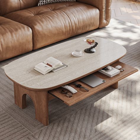 The coffee table with walnut wood grain and travertine has a rounded shape and beautiful creative color matching design, which makes it more casual and relaxing. A coffee table with a pull-out board has a more detailed use area division, which brings you a more practical experience and allows you to enjoy your own life Living Room Coffee And End Table Ideas, Low Profile Coffee Table, Contemporary Coffee Table Design, Sectional Coffee Table, Oval Wood Coffee Table, Color Matching Design, Trendy Coffee Table, Coffee Table Height, Coffee Table Inspiration