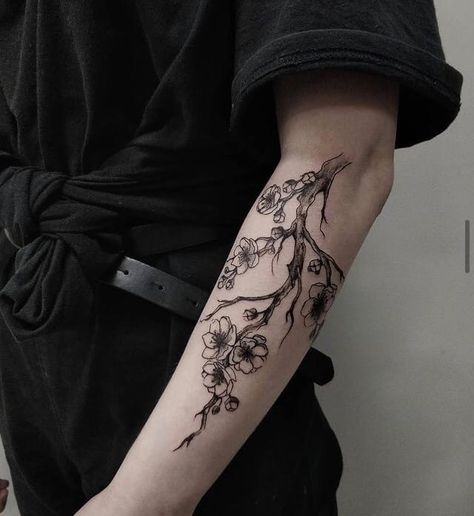 Line Art Tattoo Ideas For Men, Tattoos Under $100, Men’s Floral Tattoos, Flower Arm Tattoo Men, Pretty Tattoos For Men, Floral Men Tattoo, Cherry Blossom Tattoo Upper Arm, Earthy Tattoos Men, Male Floral Tattoo