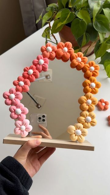 Claymoo on Instagram: "Flower Mirror DIY pt. 2 ✌️ Materials: - Colored soft air-dry clay/foam clay - Toothpick for making the petals - Mirror - Glue gun Instructions: Mix colors for the flowers. Make flowers and wait for it to dry. Glue it on the mirror!! #diyideas #craftideas #clay #polymerclay #diydecor #airdryclay"