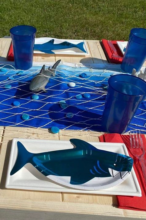 Shark Party Candy Table, Shark Birthday Table Decor, Shark Theme Decorations, Shark Party Centerpiece Ideas, Sharks Birthday Party, Shark Stuff, Lion Party, Shark Themed Party, Sea Party Ideas