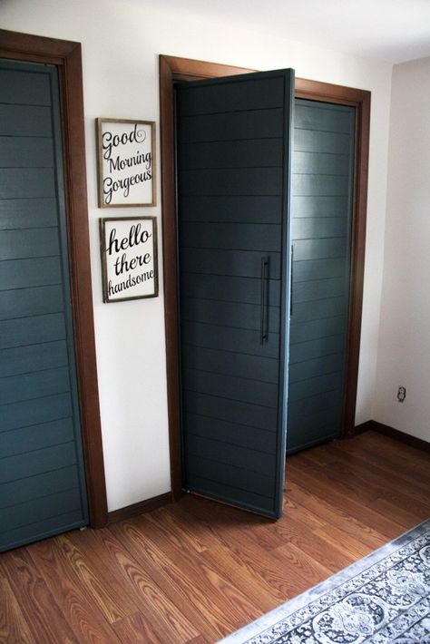 Shiplap Bifold Closet Doors, Ideas For Closets Without Doors, Hallway Remodel, Bifold Doors Makeover, Ideas Armario, French Closet Doors, Closet Door Makeover, Casa Retro, Laundry Center