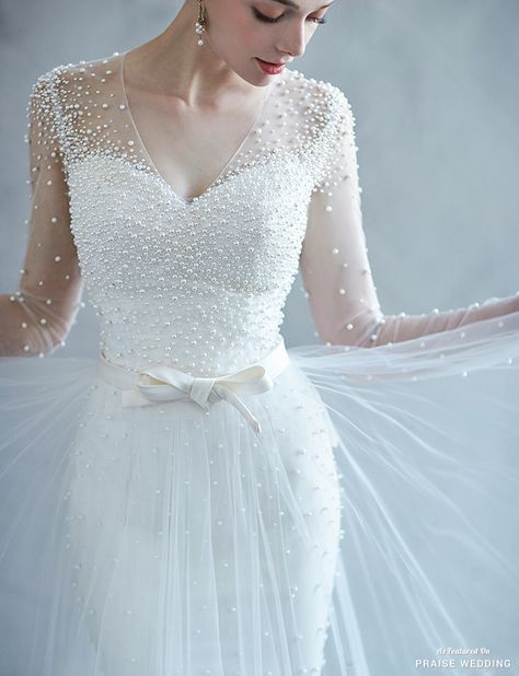 This pearl-embellished wedding dress from Ray & Co. is filled with angelic romance! » Praise Wedding Community Wedding Dress With Pearls, Dress With Pearls, Embellished Wedding Dress, Pearl Wedding Dress, White Wedding Dress, Winter Wedding Dress, A Wedding Dress, Wedding Dress Trends, Elegant Wedding Dress