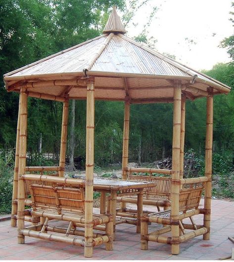 Bamboo Sitting Area, Bamboo Gazebo, Bamboo Pavilion, Bamboo Furniture Diy, Bamboo Ideas, Concession Stands, Diy Gazebo, Bamboo Diy, Bamboo Building