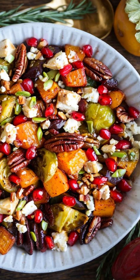 Savor the sweet & savory delight of Maple-Cinnamon Roasted Veggies topped with crunchy pecans & creamy feta. Perfect for fall feasts! #VeggieDelight #FallRecipes #HealthyEats #ComfortFood #RoastedVeggies Roasted Winter Veggies, Maple Roasted Vegetables, Mediterranean Roasted Vegetables, Roasted Veggies Recipe, Roasted Fall Vegetables, Potluck Food, Roasted Root Veggies, Savory Meatballs, Feta Recipe