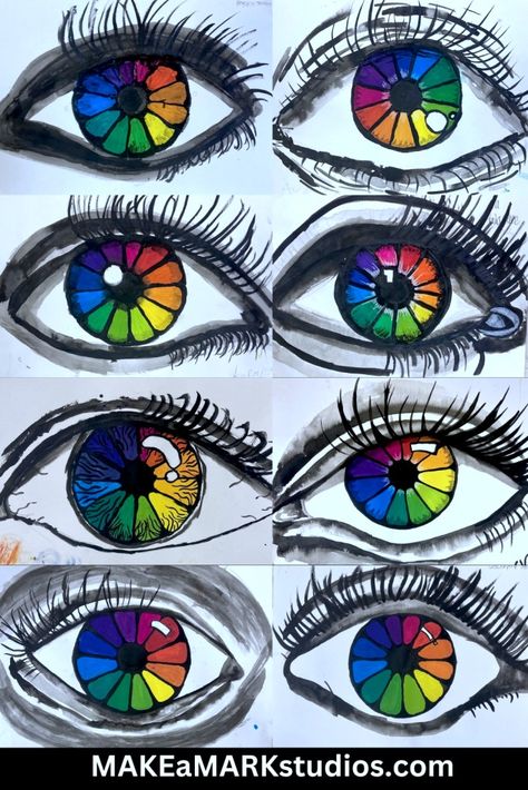 How to create a color wheel in an eye » Make a Mark Studios Color Theory Art Lessons, Color Theory Projects, Color Theory Lessons, Color Wheel Art Projects, Color Wheel Projects, Colorful Art Projects, Color Wheel Art, Color Theory Art, Color Lessons