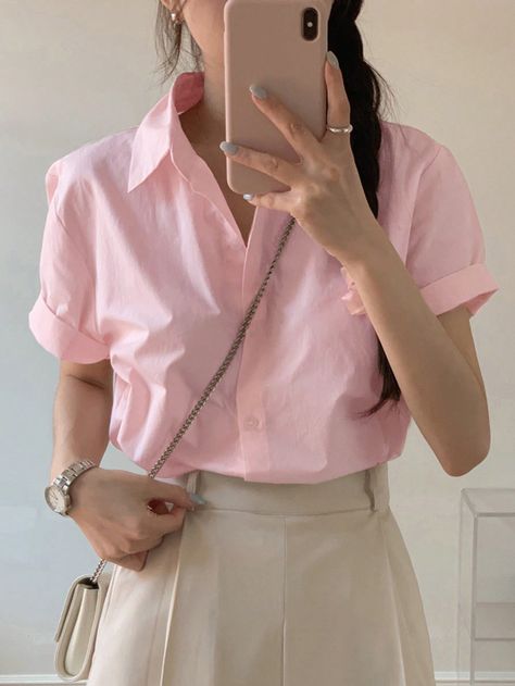 Solid Button Front Shirt For Summer Pink Casual  Short Sleeve Fabric Plain Top Non-Stretch  Women Clothing, size features are:Bust: ,Length: ,Sleeve Length: Pink Shirt Outfit, Outfits Con Camisa, 2024 Aesthetic, Blazer Outfits Casual, Style Français, Drawstring Waist Shorts, Rose Bonbon, Plain Tops, Casual Stripes