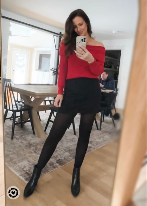 Date night outfit | Valentine’s Day outfit Outfit For Date Night, Outfit For Date, Skirt Tights, Night Date, Red Sweater, Black Mini Skirt, Date Outfits, Off Shoulder Tops, Black Tights