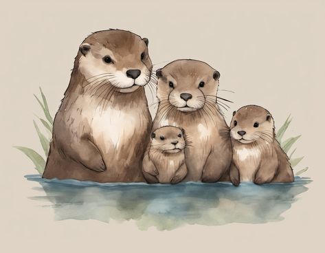 Immerse your home in the playful spirit of the riverside with this watercolor otter family print. Featuring affectionately illustrated otter parents and their pups, this artwork captures the joyful bond of an otter family along the stream in a whimsical, watercolor style. The serene riverside theme is perfect for creating a lively atmosphere in a nursery, making it a delightful gift for baby showers or decorating your own child's room. Each print embodies the natural charm of the waterside world with a touch of imagination, offering a cheerful and heartwarming addition to any family space. This is a digital download of an illustration of an otter family. Download, print, and frame your new artwork to brighten up your living space, office, kitchen, or even your shelf or bookcase! This is or Family Of Animals Drawing, Baby Shower Illustration, Otter Family, Otter Tattoo, Otter Illustration, Otter Art, Babies Nursery, Animal Babies, Nursery Decor Wall