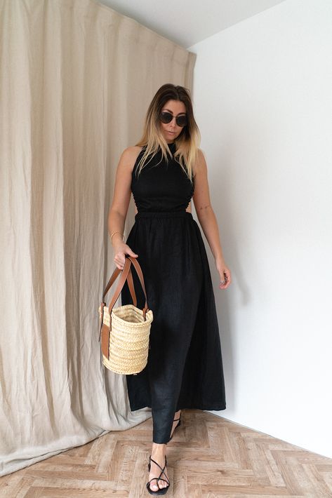 Black Strappy Sandals Outfit, Black Linen Dress Outfit, Loewe Basket Bag, Linen Dress Outfit, Emma Hill, Soft Feminine Outfits, Feminine Outfits, All Black Fashion, Black Linen Dress