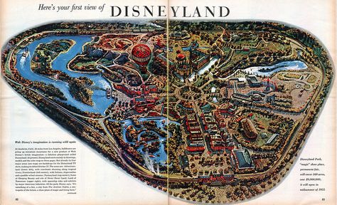 First view of Disneyland in November 2, 1954 issue of Look Magazine.  Bird's-eye rendering by Peter Ellenshaw was used by Walt Disney to introduce the theme park concept to America. Theme Park Map, Disneyland History, Disneyland Map, Walter Elias Disney, Disneyland Tickets, Disney Rides, Vintage Disneyland, Disneyland Park, Disney Planning