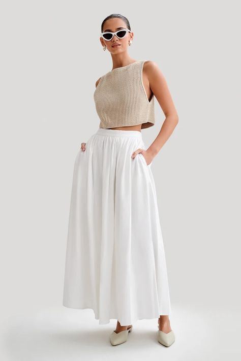 Shop New Arrivals | MESHKI AU Full Maxi Skirt Outfit, Long White Skirt Summer Outfit, Long Linen Skirt Outfit, White Long Skirt Outfit Ideas, Linen Skirt Outfit Summer, Maxi White Skirt Outfit, Linen Maxi Skirt Outfit, White Linen Skirt Outfit, White Long Skirt Outfit