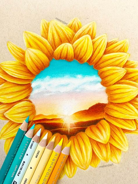 This is one of my favorite drawings I have made. I have drawn sunflowers a couple timed before but this time I wanted to do something more creative, so I drew a sunset in the middle! I think it shows my art style well, haha! :) Art Ideas Color Pencil, Colour Pencil Art Tutorials, Colorpencils Drawing Idea, Coloured Drawing Ideas, Pencil Colour Art Drawings, Prismacolor Art Easy, Pencil Color Painting, Color Pencil Art Drawings, Pencil Color Drawing