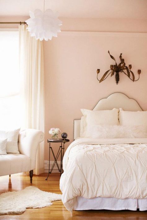 pale pink bedroom Girly Dorm Decor, Peach Bedroom, Peach Walls, White Bed, Dreamy Bedrooms, Decor Buy, Pink Bedroom, Pink Room, Beautiful Bedrooms