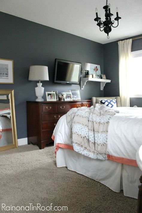 Sherwin Williams Web Grey, Web Grey Sherwin Williams, Web Gray Sherwin Williams, Sherwin Williams Web Gray, Single Bed Bedroom Ideas, Bedroom Tv Wall Design, Tv Wall Design Ideas, Bedroom Tv Wall, House Colour