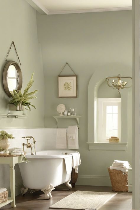 1) Interior design inspiration 
2) Sherwin Williams color palette 
3) Tranquil home decor 
4) Clary Sage 2024 paint color Sherwin Williams Room Ideas, Semi Gloss Bathroom Walls, Sherwin Williams Clary Sage Bedrooms, Pale Sage Green Bathroom, Sw Clary Sage Wall Colors, Sherwin Williams Pale Green, Clary Sage Bathroom Cabinets, Cleary Sage Sherwin Williams, Clary Sage Sherwin Williams Bedroom