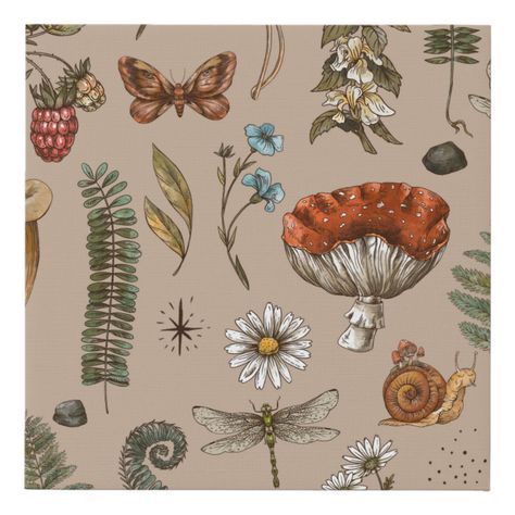 "Experience the timeless charm of vintage canvas prints inspired by nature. Transform your space with a touch of rustic elegance and natural beauty. Elevate your walls and your mood with these unique pieces. #vintage #canvasprints #natureinspired #homedecor #wallart #rusticdecor #artisticbeauty #timelesscharm #naturalbeauty #vintagestyle" Cottagecore Fabric Prints, Cottagecore Fabric Patterns, Plants Witchcraft, Witchcraft Wallpaper, Cottage Core Wallpaper, Fern Forest, Vintage Woodland, Mushroom Wallpaper, Cottage Core Decor