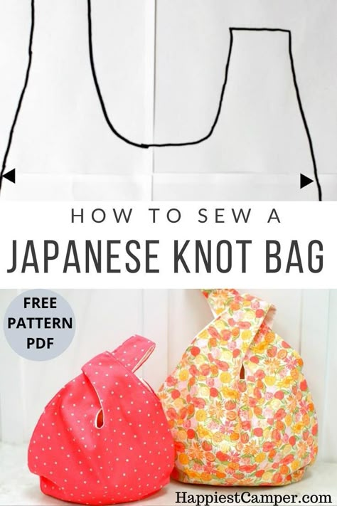 Japanese Knot Bag with Free Sewing Pattern. This simple to sew Japanese knot bag is the ideal bag for beginners. to sew. The longer loop pulls through the shorter one to close the Japanese knot bag and create a handle to carry it. This is an Easy Sew Project. DIY Japanese bag sewing pattern. Quick bag to sew. Knot bag sewing pproject. #JapaneseKnotBagPattern #DIYBag #BagSewingPattern #japaneseknotbag #EasySewingProject Tips Menjahit, Japanese Knot, Japanese Knot Bag, Knot Bag, Japanese Bag, Bag Pattern Free, Sew Ins, Free Sewing Pattern, Costura Diy