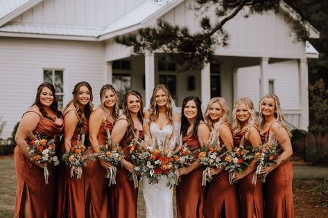 Burnt Orange Bridesmaid, October Wedding Colors, Burnt Orange Bridesmaid Dresses, Fall Wedding Color Schemes, Hunter Wedding, Orange Bridesmaid, Fall Bridesmaids, Burnt Orange Weddings, Orange Bridesmaid Dresses