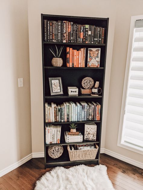 Black Book Case Decor, Black And White Bookshelves, Black Bookshelves Bedroom, Black Bookcase Aesthetic, Black Bookshelf Decor Living Room, Office Shelf Decor With Books, Dark Bookshelf Styling Living Room, Room Essentials Bookcase Hack, Brown Bookcase Styling