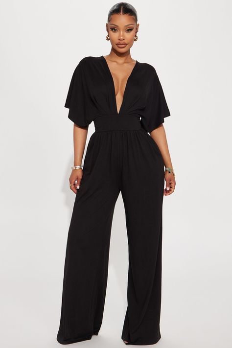 Available In Black And Heather Grey. Jumpsuit Short Sleeve V Neck Smocked Waistband Partially Lined Wide Leg Stretch Inseam= 31" 90% Polyester 10% Spandex Imported | Private Dinner Jumpsuit in Black size 1X by Fashion Nova Dinner Jumpsuit, Beach Jumpsuit Outfit, Jumpsuit Short Sleeve, Beach Jumpsuits, Private Dinner, Jumpsuit Short, Grey Jumpsuit, Jumpsuit Outfit, Prom Outfits