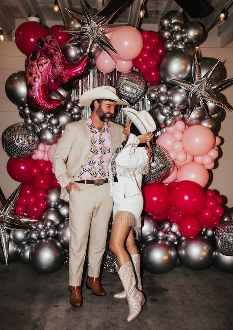 Disco Cowgirl Party Decor Ideas - Haute Off The Rack Disco Cowgirl Photo Backdrop, Disco Cowgirl Centerpiece Ideas, Disco Cowgirl Outfit, Cowgirl Party Decor, Cowgirl Birthday Party Decorations, Cowgirl Decorations, Disco Cowgirl Party, Glam Cowgirl, Cowgirl Party Decorations