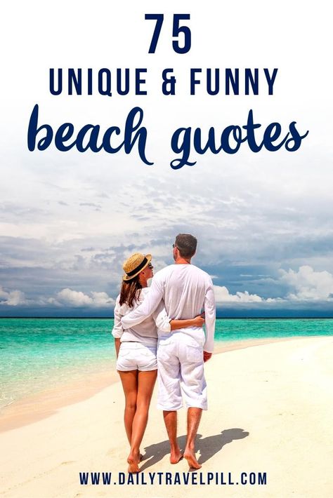 Are you looking for funny and unique beach quotes? Check out these 75 inspiring beach quotes that will brighten your day! | love beach quotes | short beach quotes | ocean quotes | sea quotes | beach instagram captions | Lifes A Beach Quotes, Life Is A Beach Quotes, Sea And Love Quotes, Beach Trip Quotes Friends, Beach Love Quotes Couples Ocean, Salty Beach Quotes, Beach Morning Quotes, Sayings About The Beach, Beach Days Captions