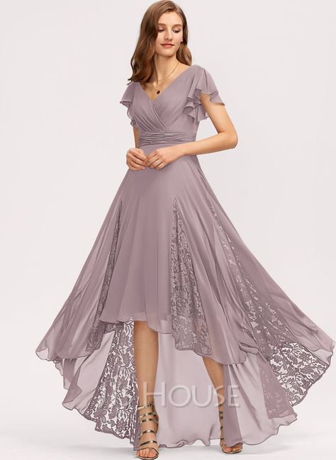 A-Line V-neck Asymmetrical Chiffon Bridesmaid Dress With Ruffle Lace (007221303) Lace Chiffon Bridesmaid Dress, Bridesmaid Dresses With Sleeves, Chiffon Cocktail Dress, Elegant Bridesmaid Dresses, Floor Length Chiffon Bridesmaid Dresses, Lace Bridesmaids, Evening Party Gowns, Chiffon Evening Dresses, Mother Of Bride