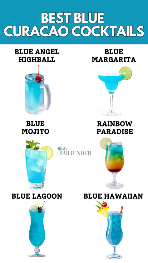 Blue Curacao Cocktails Blue Curacao Drinks Recipes, Drinks With Curacao, Drinks Made With Blue Curacao, Blue Curacao Drinks Tequila, Blue Rum Cocktails, Blue Cacao Drinks Cocktail Recipes, Teal Cocktail Drink, Easy Blue Alcoholic Drinks, Blue Curacao Drinks Easy