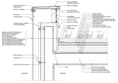 Extensive Green Roof, Construction Details Architecture, Wall Section Detail, Curtain Wall Detail, Architectural Detailing, Building Details, Detail Arsitektur, Detail Drawing, Roof Construction