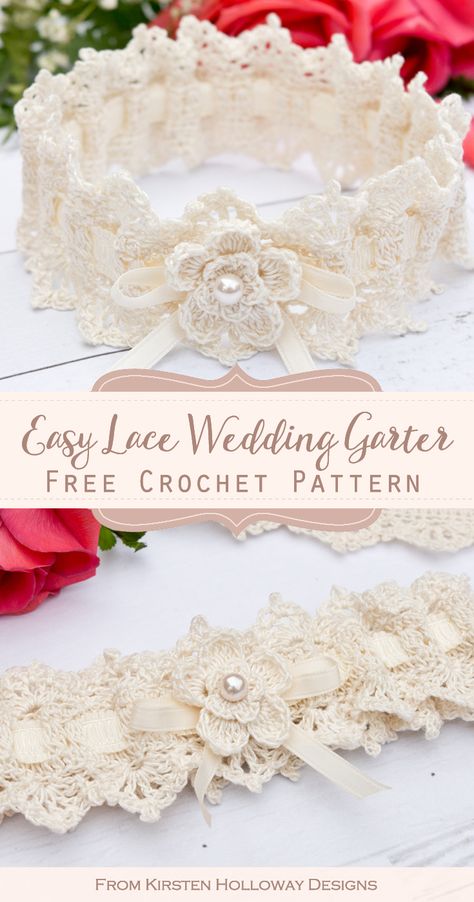 Wrapped in Lace Bridal Garter, Easy Crochet Pattern for Weddings - Kirsten Holloway Designs Crochet Bridal Garter Free Pattern, Crochet Wedding Gift, Wedding Crochet Patterns, Bridal Garter Lace, Crochet Wedding Dresses, Fingerless Gloves Crochet Pattern, Wedding Garter Lace, Bracelet Crochet, Crochet Headbands