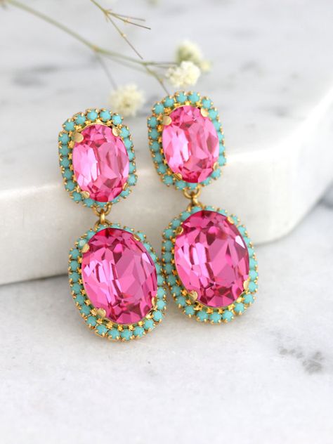 Blue And Pink Jewellery, Pink Chandeliers, Swarovski Chandelier, Pink Chandelier Earrings, Turquoise Chandelier, Pink Drop Earrings, Pink Chandelier, Blue Drop Earrings, Bridal Earrings Chandelier