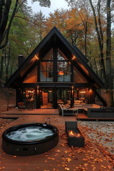 LOG CABIN UNI Modern A Frame Interior, Vermont Cabin Aesthetic, Cabin Modern House, Barndo Cabin, Log Cabin Landscape, A Frame Lake House, Small Cabin Exterior Ideas, Wood House Ideas, Small A Frame House